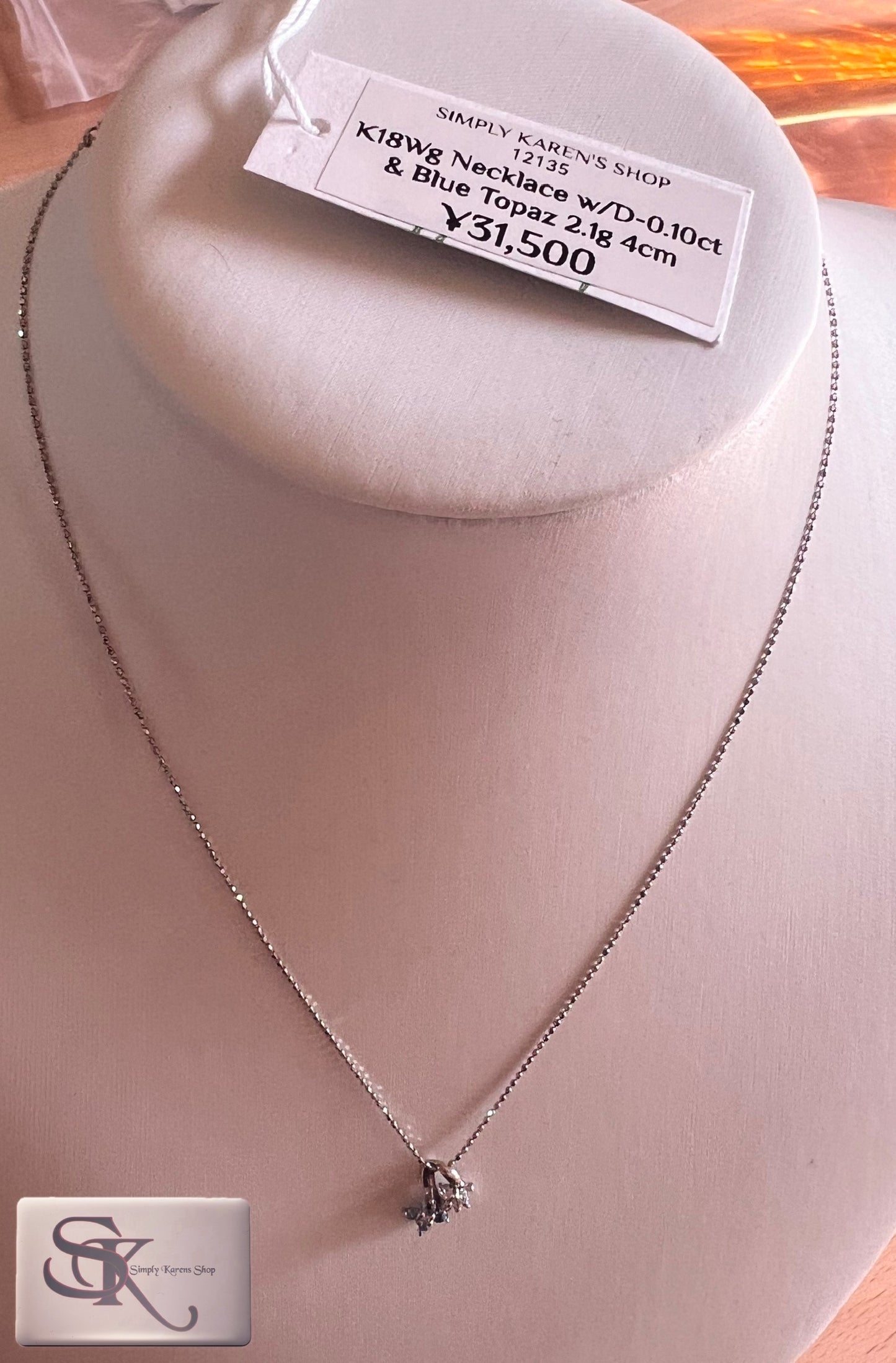 K18 wg Necklace w/ Bluetopaz & D-0.10ct 2.1g 40cm