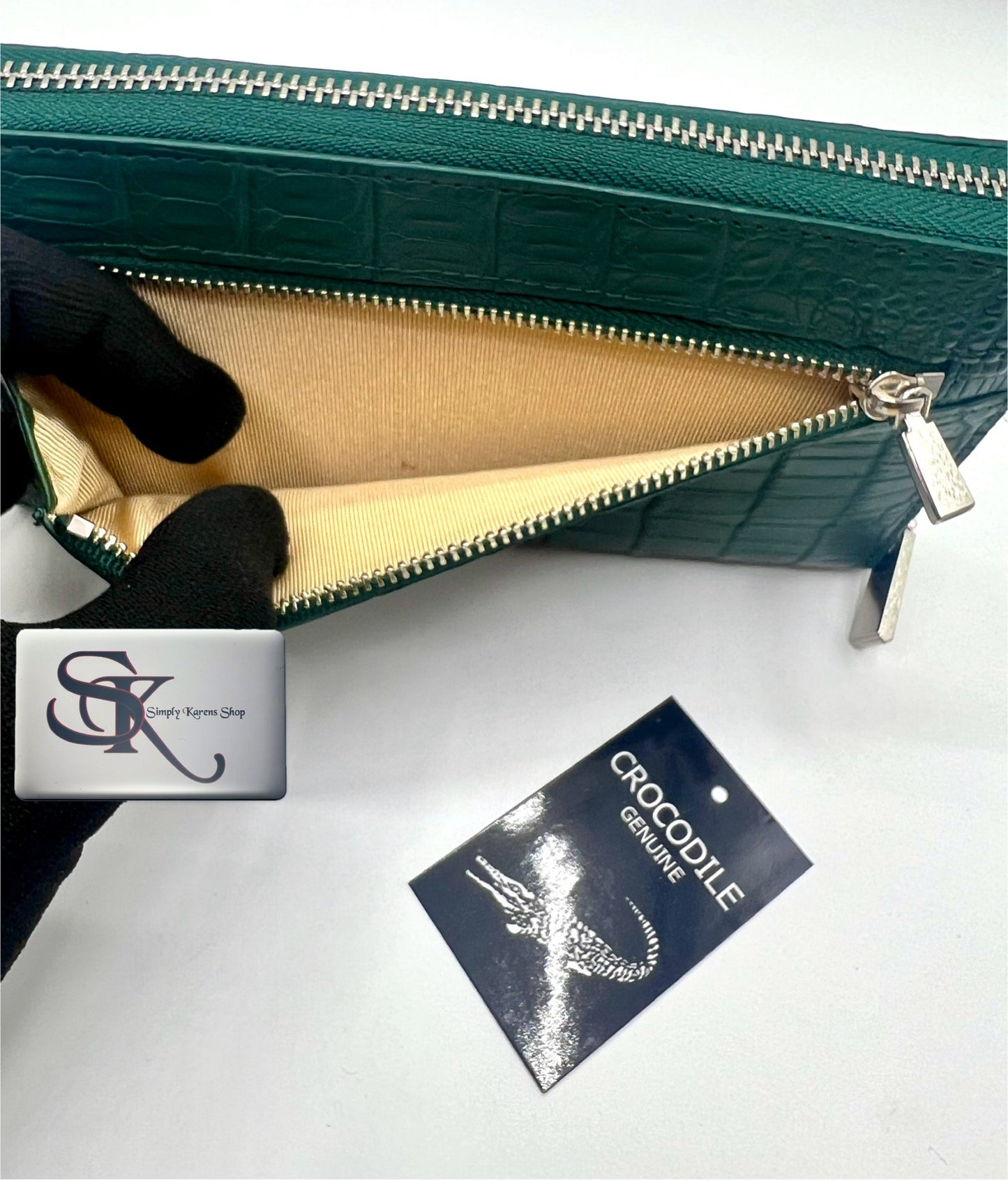 Genuine Crocodile green zip around wallet