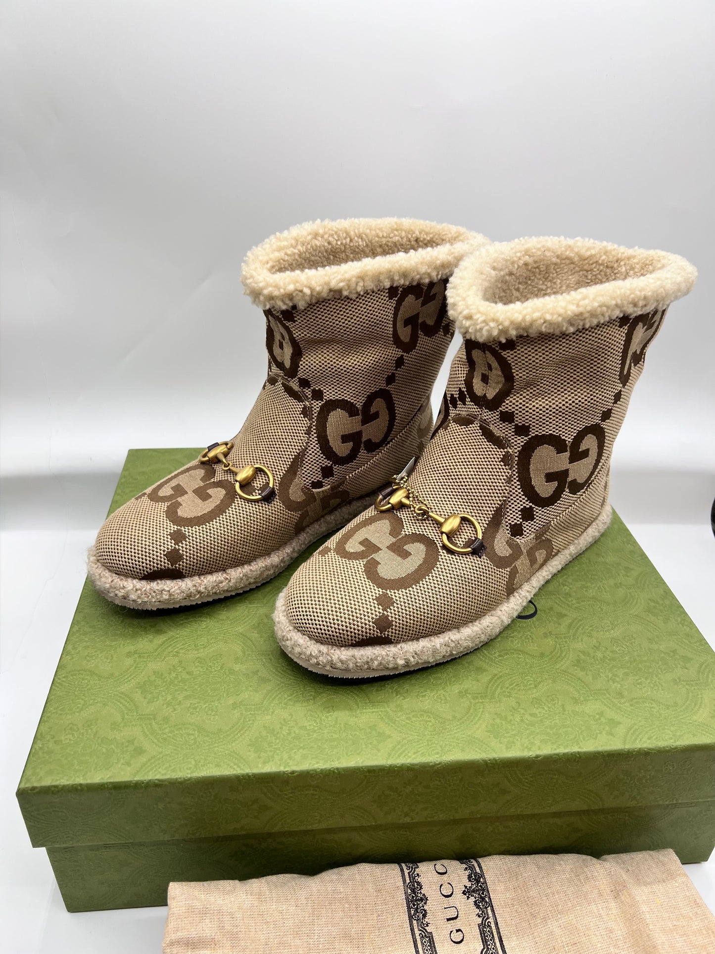 Gucci Horsebit GG Canvas Wool Ankle Boots S37