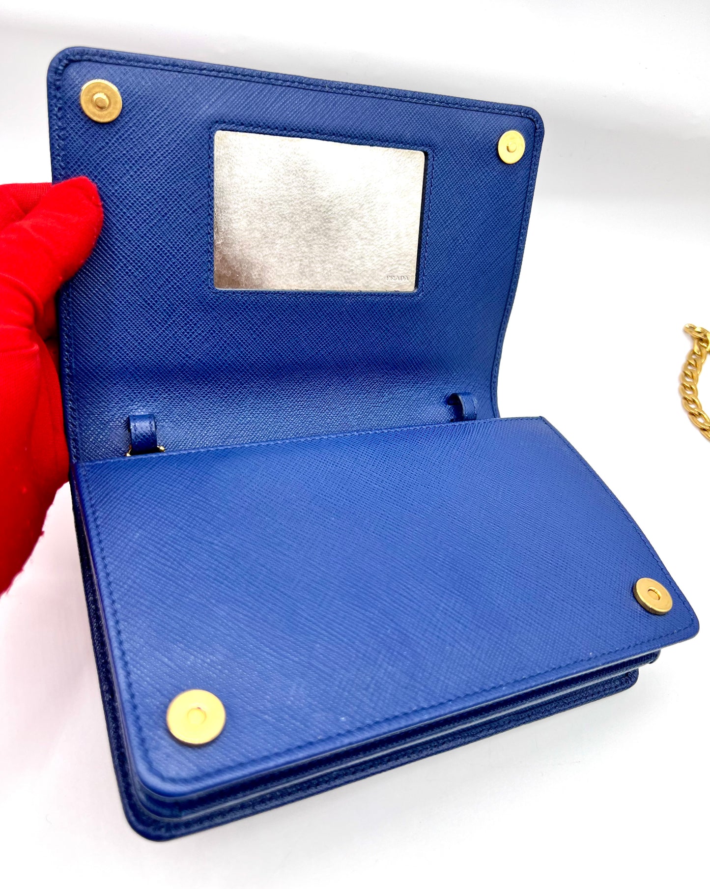 Prada Saffiano Blue Mini wallet on Chain G.H.