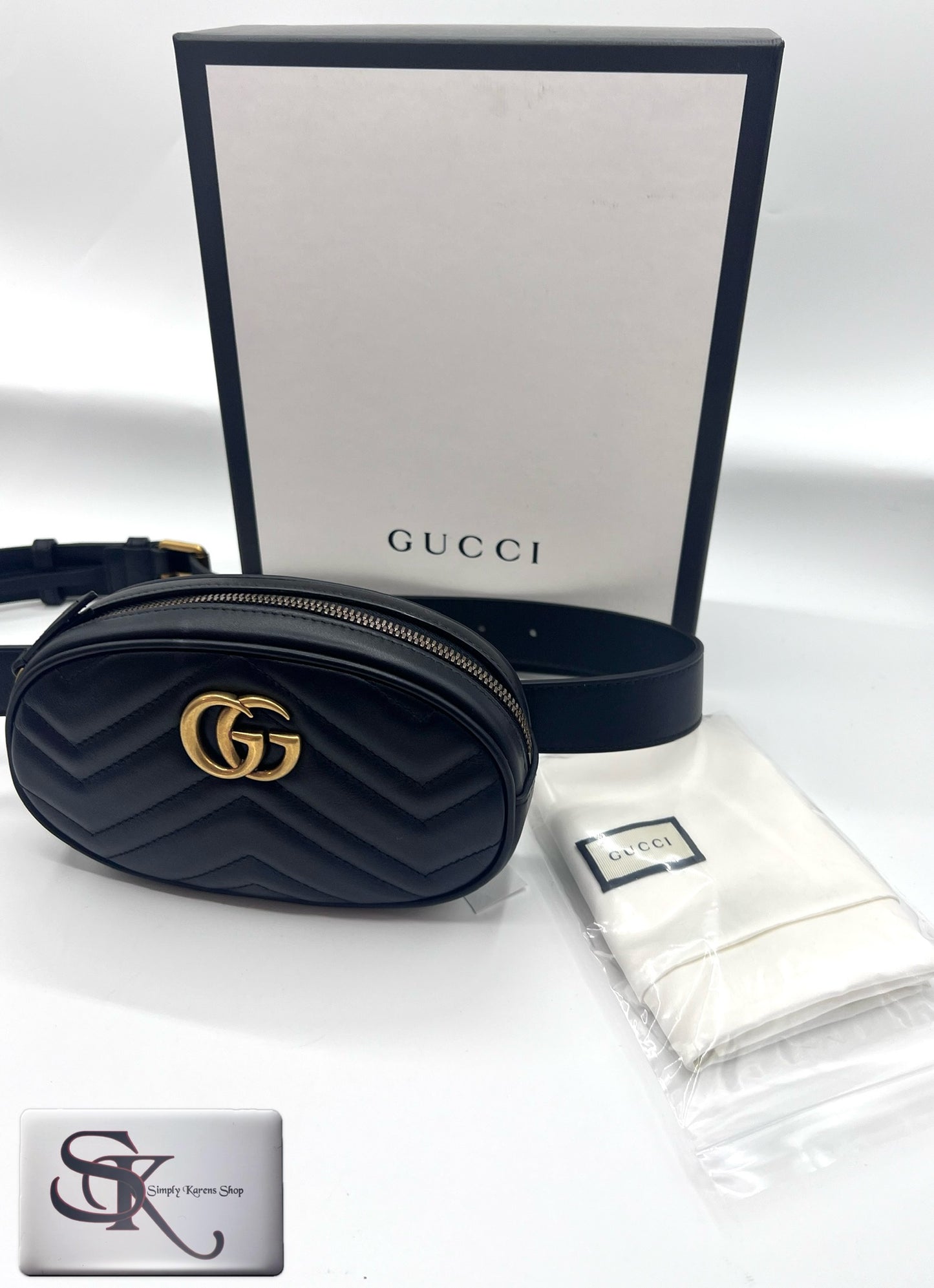 GUCCI MARMONT BLACK LEATHER BELT BAG SIZE 72 ~ 92 CM                🇵🇭P32,200🇵🇭