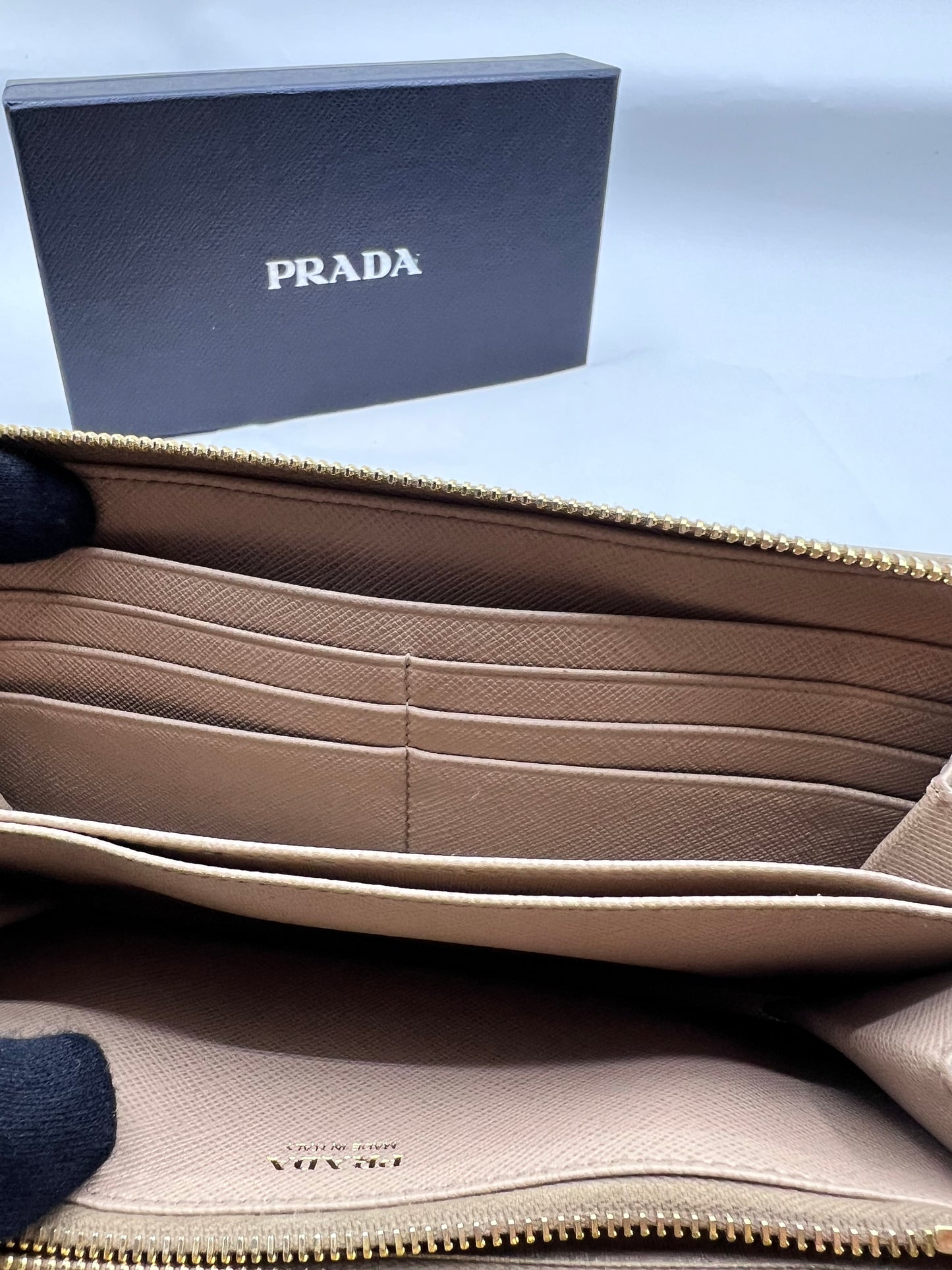 Prada Saffiano Taupe Long Zip Around Wallet  (🇵🇭P12,040)