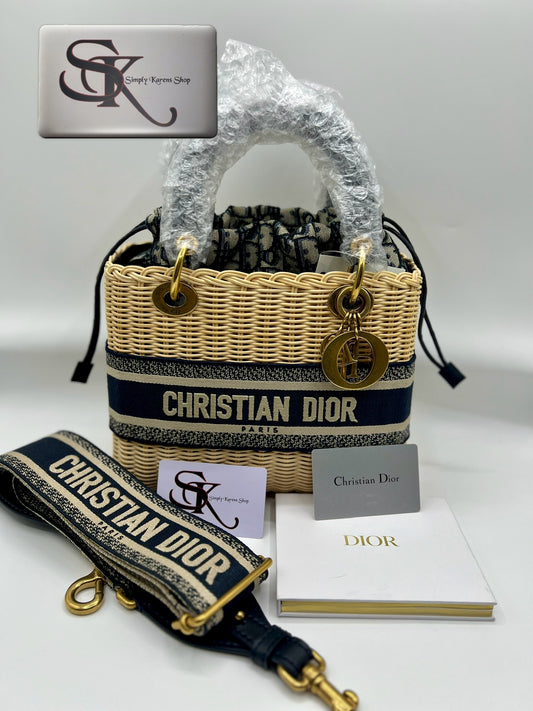 CHRISTIAN DIOR LADY DIOR NATURAL WICKER ARO BLUE DIOR OBLIQUE MM SIZE