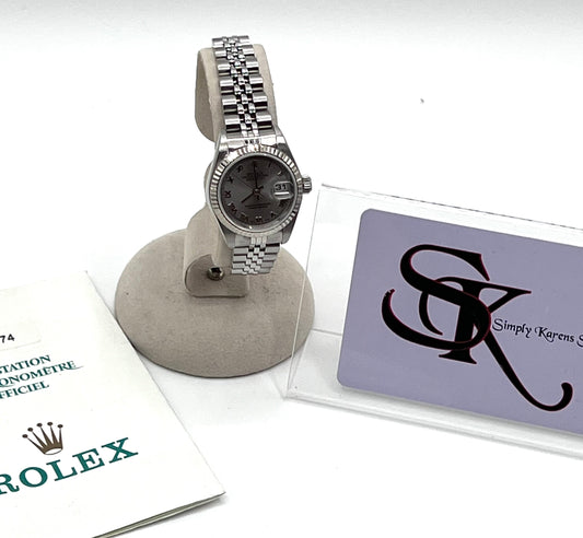 Rolex Date just Automatic 26mm SS/Silver Roman Ladies Year 2001 17cn