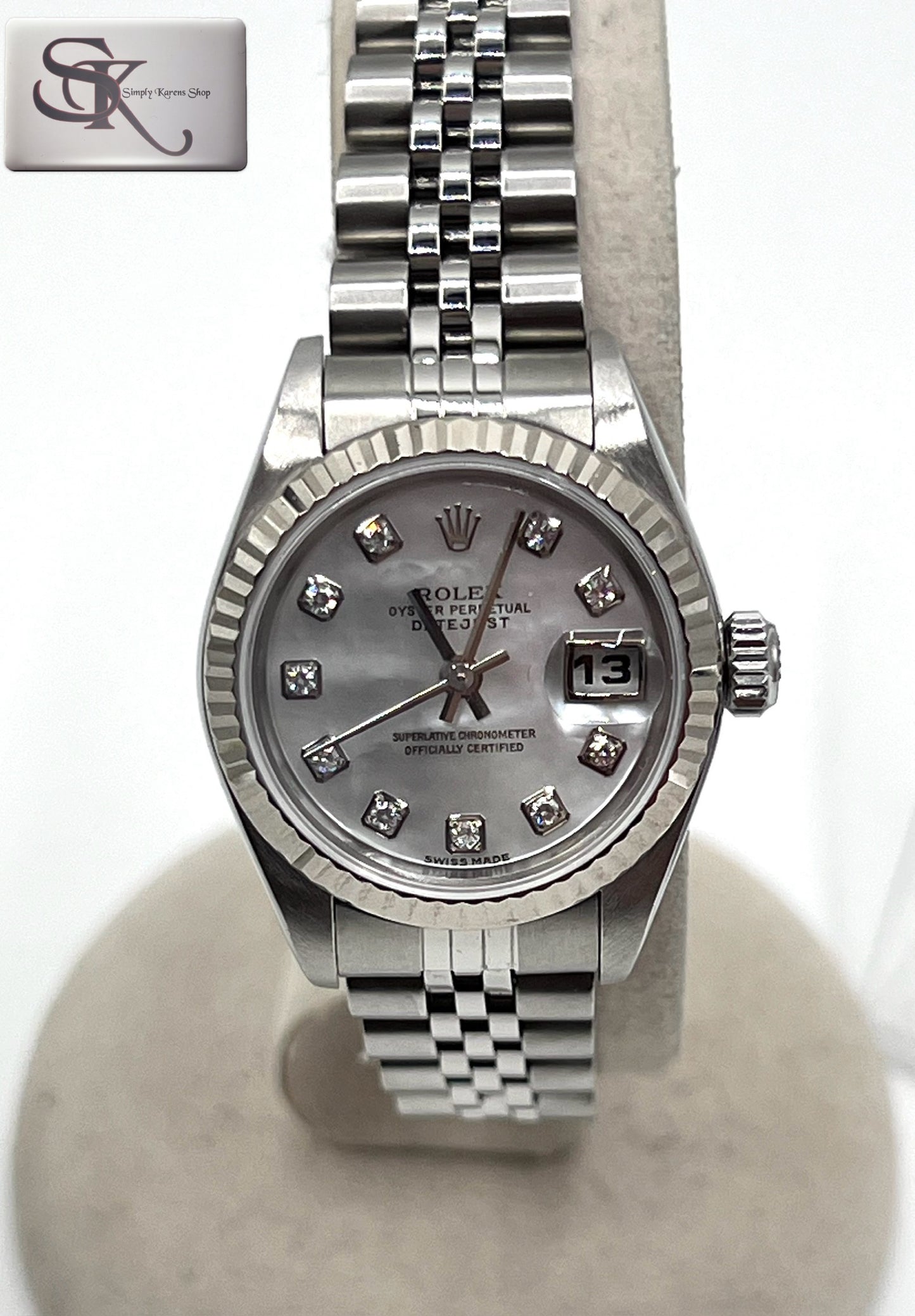 Rolex date just Automatic 26mm SS/WG Shell dial w/ Diamonds Year 2004 17cm