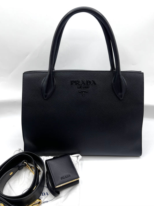 Prada Saffiano Black Monochrome Tote 2 way Bag   (🇵🇭P63,640)