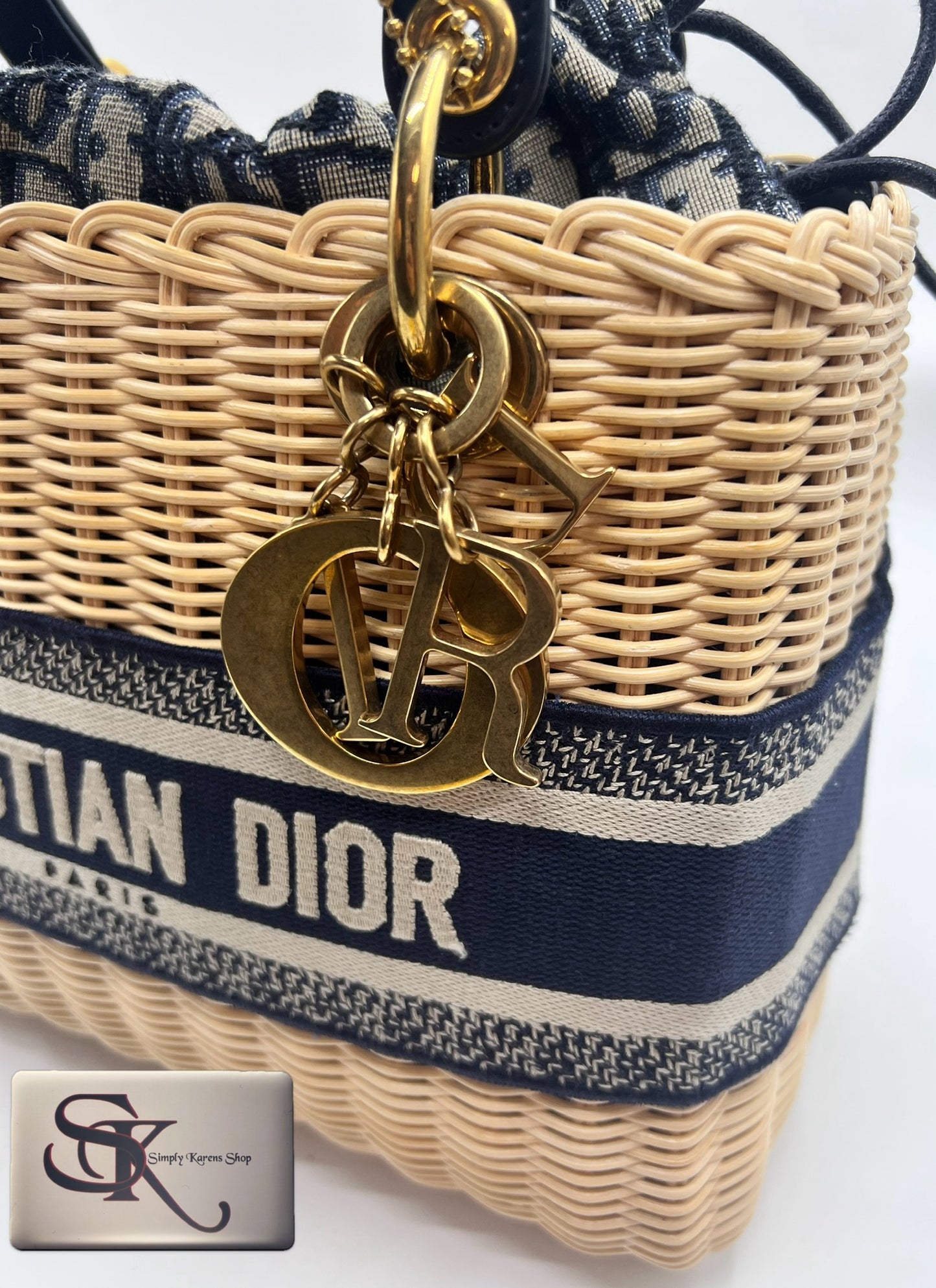 CHRISTIAN DIOR LADY DIOR NATURAL WICKER ARO BLUE DIOR OBLIQUE MM SIZE